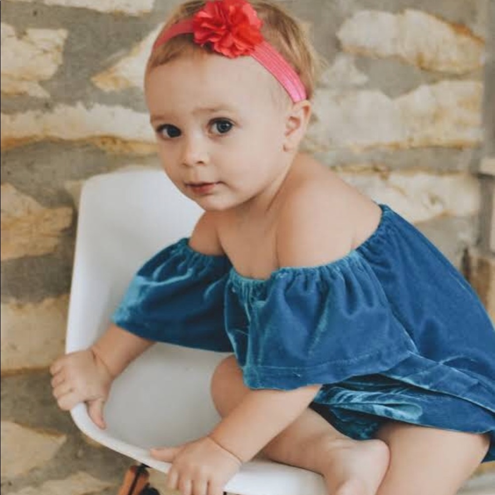 Blue velvet off shoulder romper